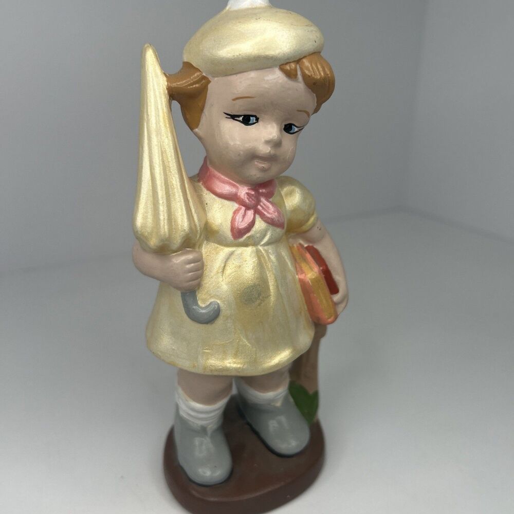 Vintage 1960s Japan Hummel Style Bisque Porcelain School Girl Umbrella Figurine